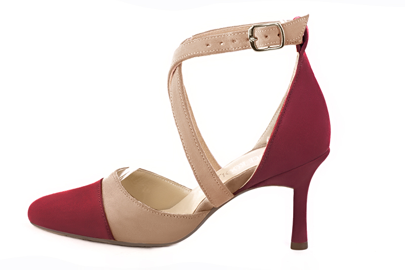 Burgundy red and biscuit beige women's open side shoes, with crossed straps. Round toe. High slim heel. Profile view - Florence KOOIJMAN